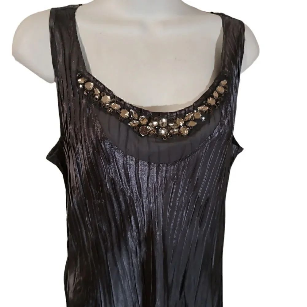 S.L. Fashions black Charmeuse sleeveless crinkle embellished dress size L - Picture 2 of 11